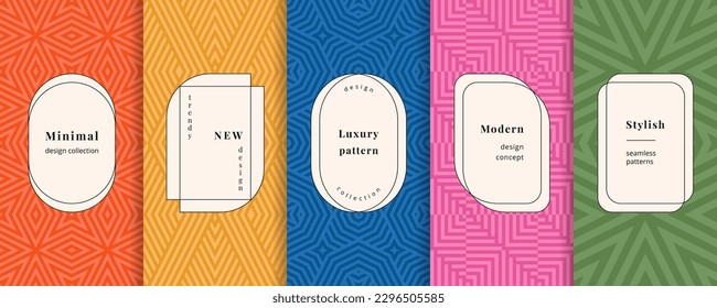 Trendy geometric seamless patterns in retro 1970's - 1980's style. Vector set of colorful backgrounds with elegant minimal labels, frames. Abstract modern line ornament textures. Repeat geo design