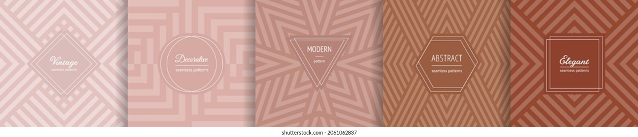 Trendy geometric seamless patterns. Vector set of stylish pastel backgrounds with elegant minimal labels. Abstract modern line ornament textures. Trendy boho color palette. Design for print, decor