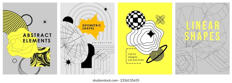 Trendy geometric set of posters. Simple shapes forms and frames inspired brutalism, abstract bauhaus and boho cosmic style