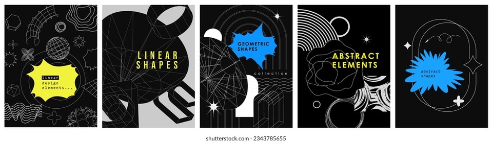 Trendy geometric set of posters. Simple shapes forms and frames inspired brutalism, abstract bauhaus and boho cosmic style
