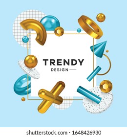 Trendy geometric shapes decorative elements faceted beads golden cross pendant rings cone realistic square frame vector illustration 