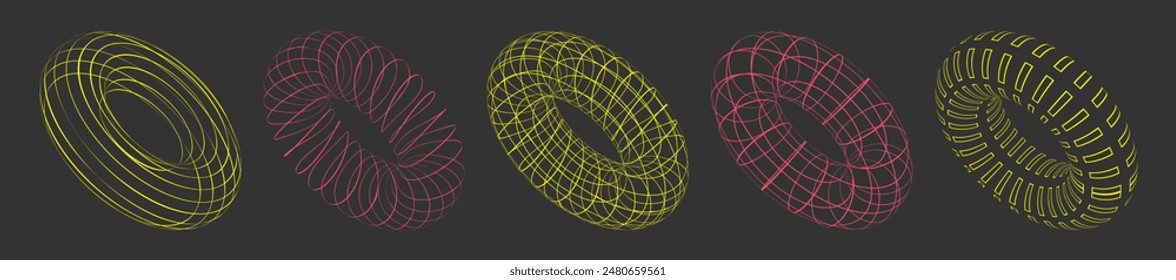 Trendy geometric shapes, donuts. Set of y2k style elements. Collection for posters, stickers, web, clothes.