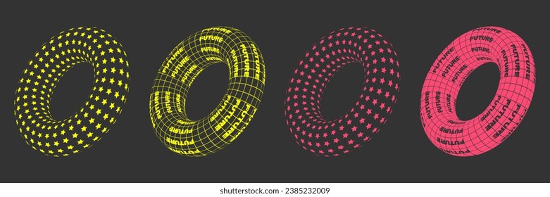 Formas geométricas de moda, donuts con texto. Elementos de estilo de los años 2000 para afiches, pegatinas, web, ropa, etc.
