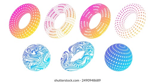 Trendy geometric shapes, donuts with text. 2000s style elements for posters, stickers, web, clothes, etc. Set of gradient shapes.