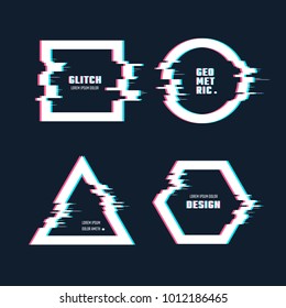 Trendy geometric shapes with glitch distortion effect. Border frames with video glitch lines vector set. Frame effect glitch, digital geometric distortion and destroyed illustration