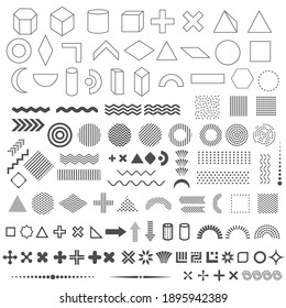 Trendy geometric shapes set of 110 elements, memphis design, retro linear elements,template  for composition. Vector elements for web, magazine, leaflet, advertisement, commercial banner,sale