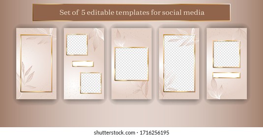 Trendy geometric social media frames. 5 editable Stories template kit. Vector design backgrounds for smartphone.