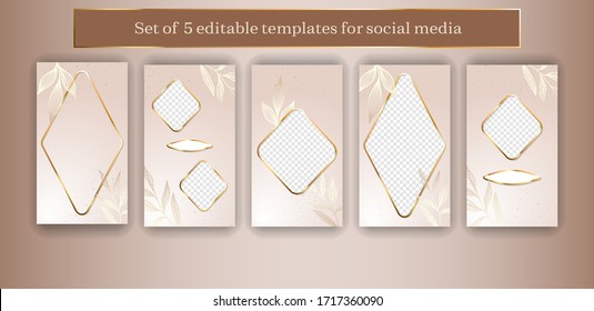 Trendy geometric social media frames. 5 editable Instagram Stories template kit. Vector design backgrounds for smartphone.