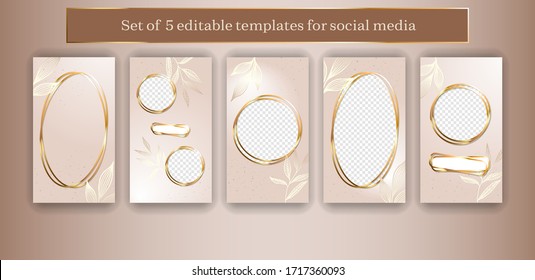Trendy geometric social media frames. 5 editable Instagram Stories template kit. Vector design backgrounds for smartphone.
