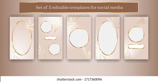 Trendy geometric social media frames. 5 editable Instagram Stories template kit. Vector design backgrounds for smartphone.