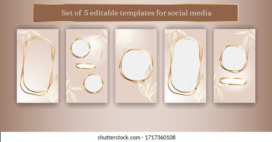 Trendy geometric social media frames. 5 editable Instagram Stories template kit. Vector design backgrounds for smartphone.