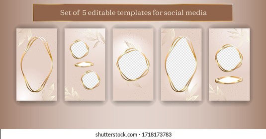 Trendy geometric social media frames. 5 editable Stories template kit. Vector design backgrounds for smartphone.