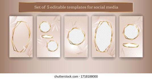 Trendy geometric social media frames. 5 editable Stories template kit. Vector design backgrounds for smartphone.