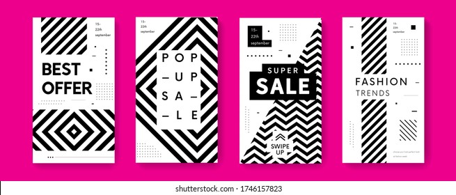 Trendy geometric template for social networks stories. Modern sale promo banner for phone app vector design. Best discount offer poster.