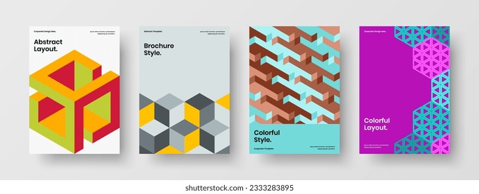 Trendy geometric tiles brochure concept bundle. Multicolored magazine cover A4 vector design template collection.