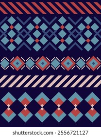 Trendy geometric tribal pattern with vibrant blue, red, and beige tones on a dark background. Perfect for textiles, fashion, and modern design projects.