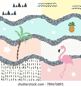 Trendy geometric tropical card. Vector illustration with flamingo and creative elements