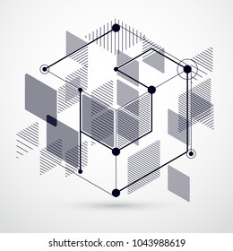 Trendy geometric vector pattern, textured abstract cube mesh black and white background. Technical plan, abstract engineering draft for use in graphic and web design.