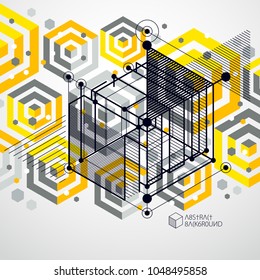 Trendy geometric vector pattern, textured abstract cube mesh yellow background. Technical plan, abstract engineering draft for use in graphic and web design.