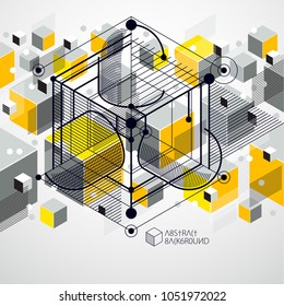 Trendy geometric vector pattern, textured abstract cube mesh yellow background. Technical plan, abstract engineering draft for use in graphic and web design.