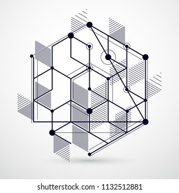 Trendy geometric vector pattern, textured abstract cube mesh black and white background. Technical plan, abstract engineering draft for use in graphic and web design.