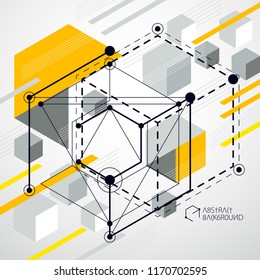 Trendy geometric vector pattern, textured abstract cube mesh yellow background. Technical plan, abstract engineering draft for use in graphic and web design.