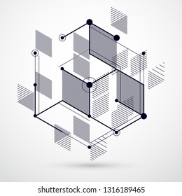 Trendy geometric vector pattern, textured abstract cube mesh black and white background. Technical plan, abstract engineering draft for use in graphic and web design.