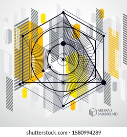 Trendy geometric vector pattern, textured abstract cube mesh yellow background. Technical plan, abstract engineering draft for use in graphic and web design.