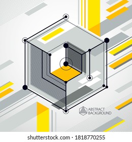 Trendy geometric vector pattern, textured abstract cube mesh yellow background. Technical plan, abstract engineering draft for use in graphic and web design.