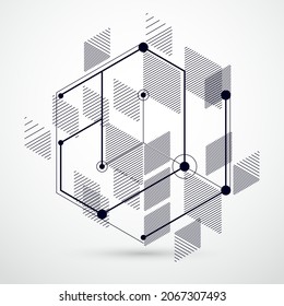 Trendy geometric vector pattern, textured abstract cube mesh black and white background. Technical plan, abstract engineering draft for use in graphic and web design.