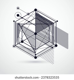 Trendy geometric vector pattern, textured abstract cube mesh black and white background. Technical plan, abstract engineering draft for use in graphic and web design.