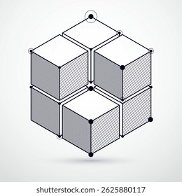 Trendy geometric vector pattern, textured abstract cube mesh black and white background. Technical plan, abstract engineering draft for use in graphic and web design.