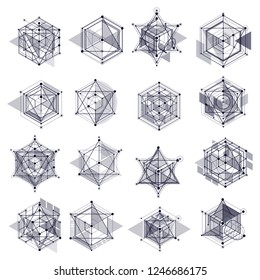 Trendy geometric vector patterns set, textured abstract cube mesh black and white background. Technical plan, abstract engineering draft for use in graphic and web design.
