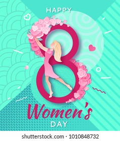 Trendy geometric women s day banner, 8 march poster in modern 90s-80s style with paper art, origami elements, patterns, flowers, woman silhouette, colorful vector illustration, background