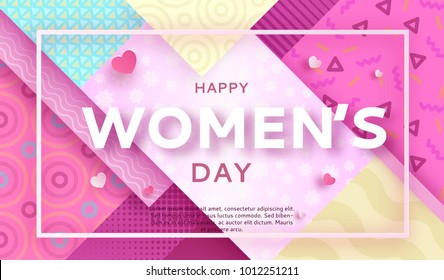 Trendy geometric women s day banner, 8 march poster in modern 90s - 80s style with paper art or origami elements, patterns, silhouettes, colorful vector illustration, fashion background