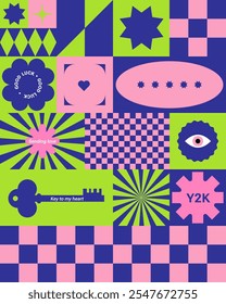 Trendy Geometric Y2k composition. Maximalism style. Simple Abstract shapes. Vector Pattern. Checker board print, Retro elements. Flat design. Bright colors and funky typography. Vector illustration