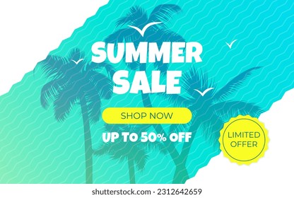 Trendy geometric zig zag vector sale banner in modern cyan and yellow color. Summer sale or retail promotion with tropic background with palm tree leaves silhouette and seagulls.