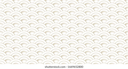 Motivo tradicional oriental de la escala geométrica de los peces. Diseño de semicírculo repitiendo adorno monocromo dorado. Bloque de impresión simple para textiles, tejidos, paños de envoltura, tarjeta de visita