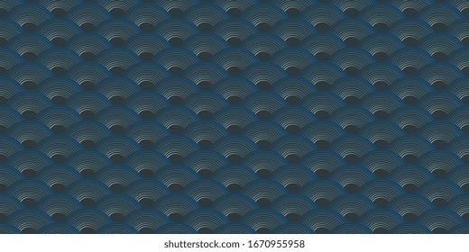 Trendy geometrical fish scale pattern traditional oriental motif. Semi circle repeating design monochrome golden ornament. Simple allover print block for textile, fabric, wrapping cloth, business card