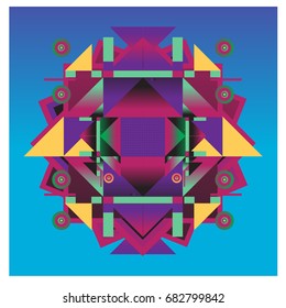 Trendy geometrical kaleidoscope vector illustration with abstract colorful textures. Design for summer holiday poster, card, brochure, and promotion template. Fashion art print and background.