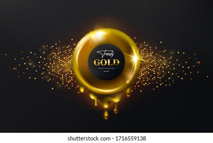 Trendy geometrical shapes of golden liquid donut shape in the center of this composition. Abstract luxury Lighting isolated on the dark muted background. Vector golden frame for your logo text.
