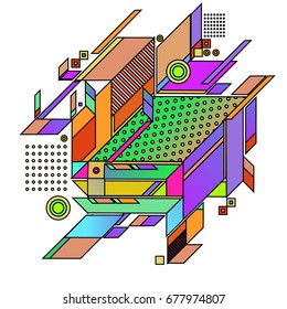 Trendy geometrical vector illustration with elements and abstract colorful textures. Design for summer holiday poster, card, brochure, and promotion template. Fashion art print and background.
