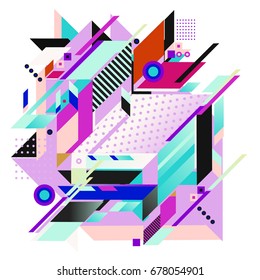 Trendy geometrical vector illustration with elements and abstract colorful textures. Design for summer holiday poster, card, brochure, and promotion template. Fashion art print and background.