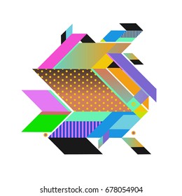 Trendy geometrical vector illustration with elements and abstract colorful textures. Design for summer holiday poster, card, brochure, and promotion template. Fashion art print and background.