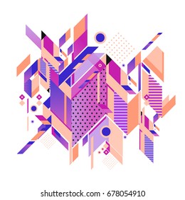 Trendy geometrical vector illustration with elements and abstract colorful textures. Design for summer holiday poster, card, brochure, and promotion template. Fashion art print and background.