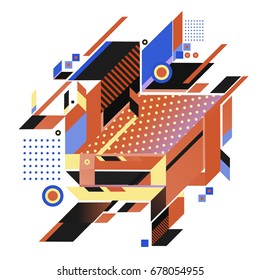Trendy geometrical vector illustration with elements and abstract colorful textures. Design for summer holiday poster, card, brochure, and promotion template. Fashion art print and background.