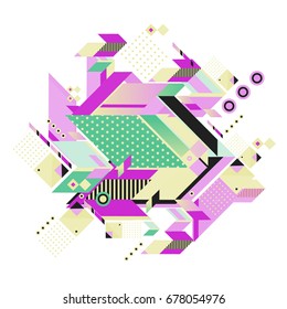 Trendy geometrical vector illustration with elements and abstract colorful textures. Design for summer holiday poster, card, brochure, and promotion template. Fashion art print and background.
