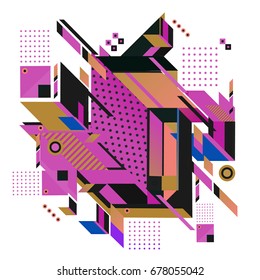 Trendy geometrical vector illustration with elements and abstract colorful textures. Design for summer holiday poster, card, brochure, and promotion template. Fashion art print and background.