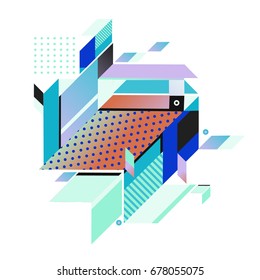 Trendy geometrical vector illustration with elements and abstract colorful textures. Design for summer holiday poster, card, brochure, and promotion template. Fashion art print and background.