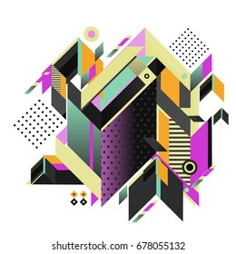 Trendy geometrical vector illustration with elements and abstract colorful textures. Design for summer holiday poster, card, brochure, and promotion template. Fashion art print and background.
